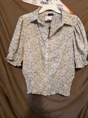 Women's Cream Leaf-Print Blouse with Smocked Waist